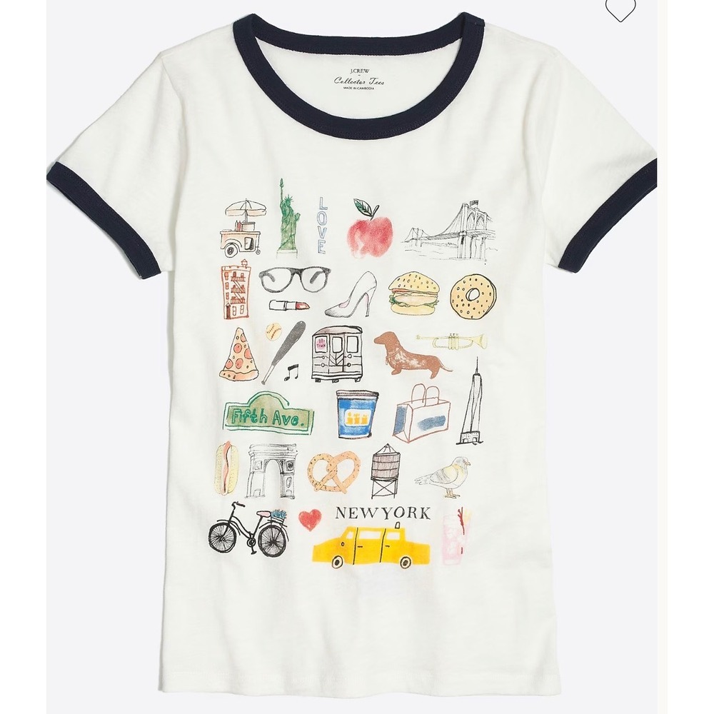 J.Crew Collector Tee Womens Small White NYC Graphic Ringer T-Shirt H6261